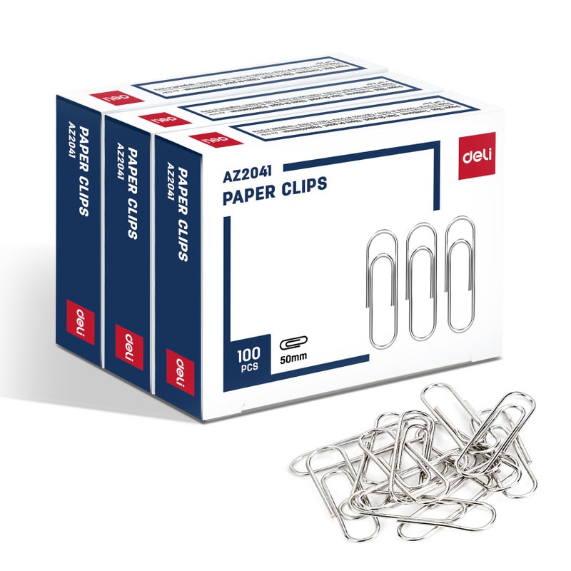 Deli Jumbo Paper Clips Smooth, 300 Large Paper Clips, 3 Boxes of 100 Each, Silver - Image 1