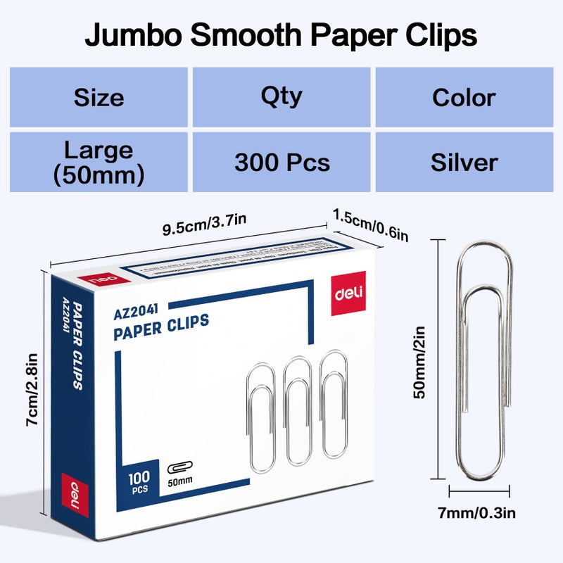 Deli Jumbo Paper Clips Smooth, 300 Large Paper Clips, 3 Boxes of 100 Each, Silver - Image 2