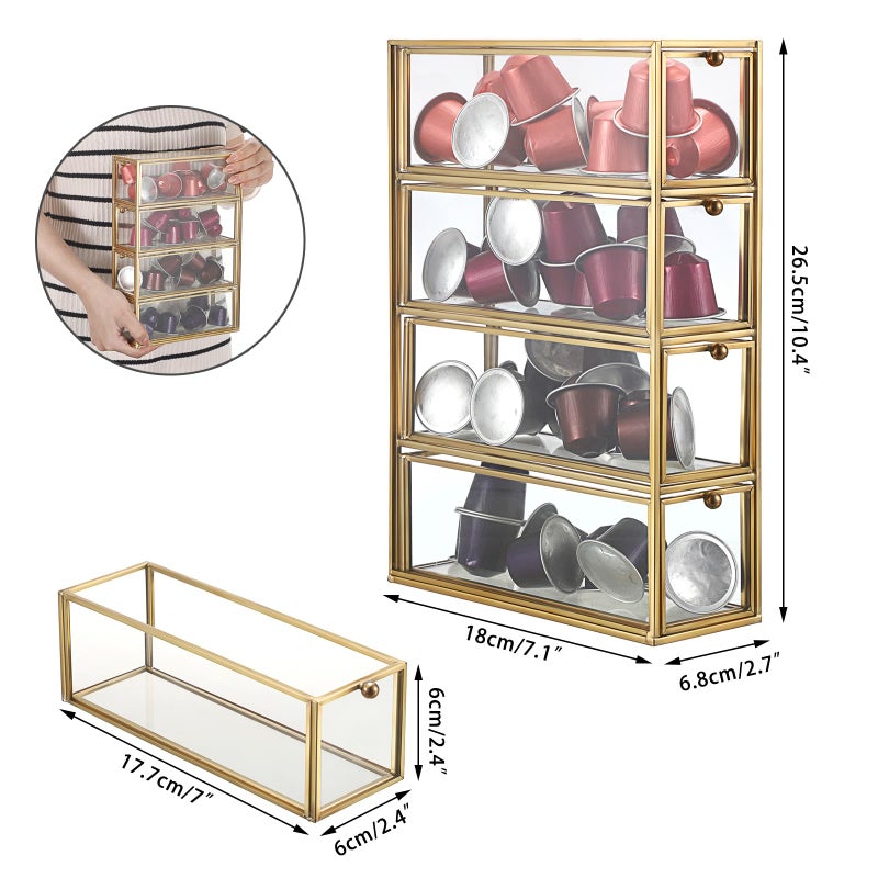 ELLDOO Coffee Pod Holder with 4 Drawers, Gold Glass Coffee Pod Organizer for K Cup Espresso, Clear Coffee Capsule Storage Holder for Coffee Bar Office Home Coffee Station Counter - Image 2