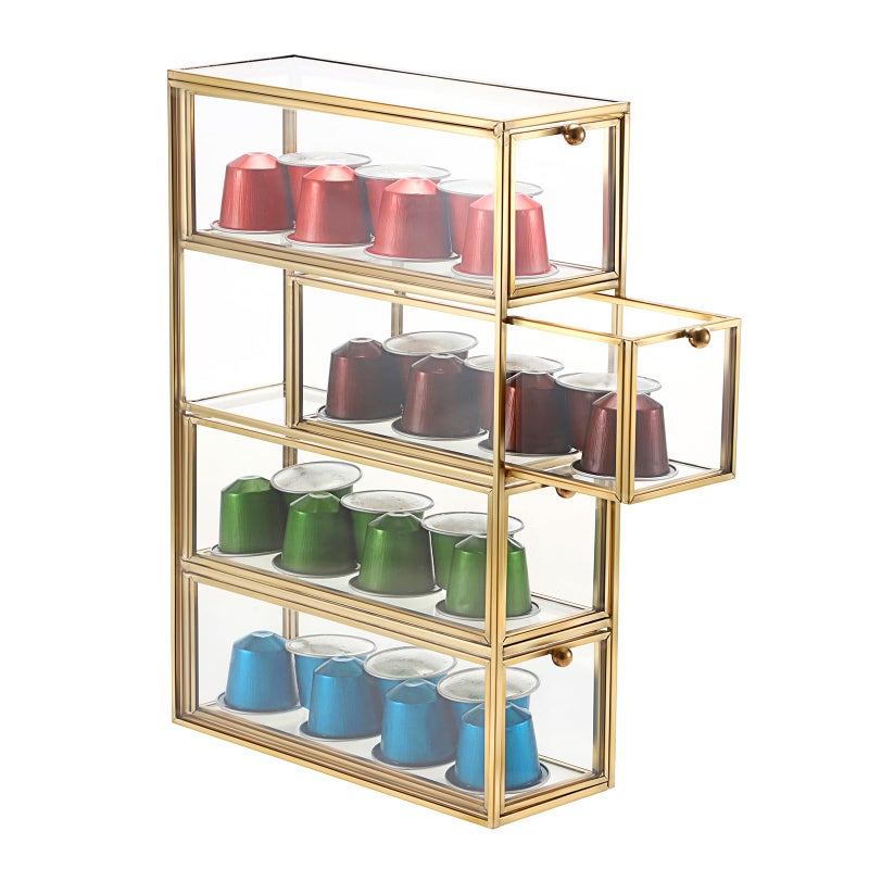 ELLDOO Coffee Pod Holder with 4 Drawers, Gold Glass Coffee Pod Organizer for K Cup Espresso, Clear Coffee Capsule Storage Holder for Coffee Bar Office Home Coffee Station Counter - Image 1