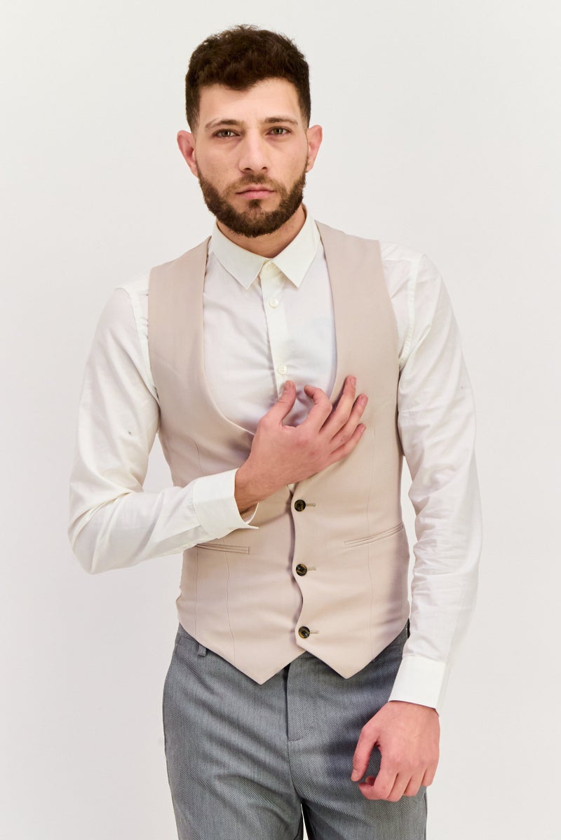 Asos Design Men Skinny Fit Solid Waistcoat, Stone - Image 1