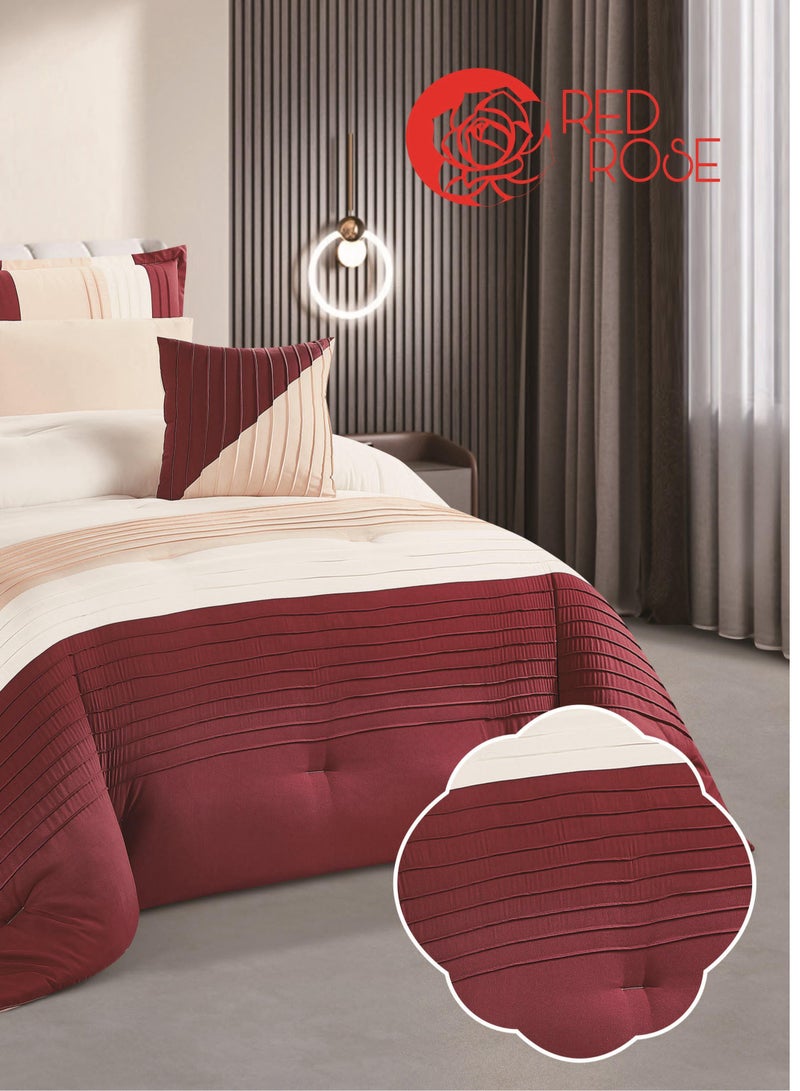 Red Rose 7 Pieces Comforter Microfiber Set King Size with Modern Striped Design and Embroidery 240*260 cm - Image 2