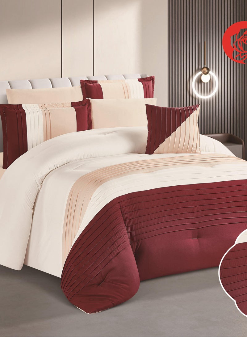 Red Rose 7 Pieces Comforter Microfiber Set King Size with Modern Striped Design and Embroidery 240*260 cm - Image 3