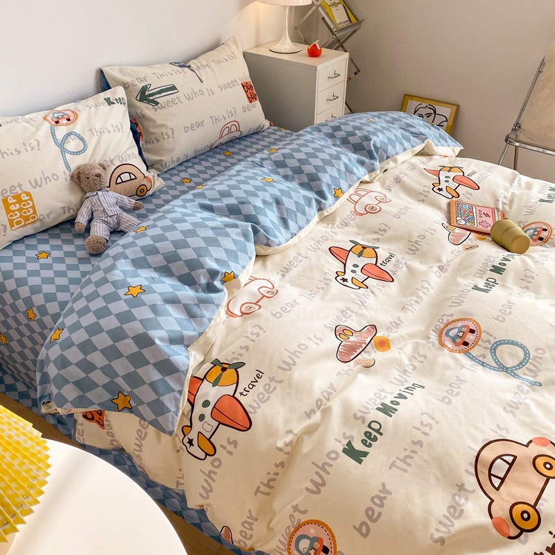 BlueBlue Cars Duvet Cover Set Queen 100% Cotton Bedding for Kids Boys Girls Teens Transportation Car Airplane Truck on Cream White 1 Cartoon Comforter Cover Full Zipper Ties 2 Pillowcases Queen - Image 3