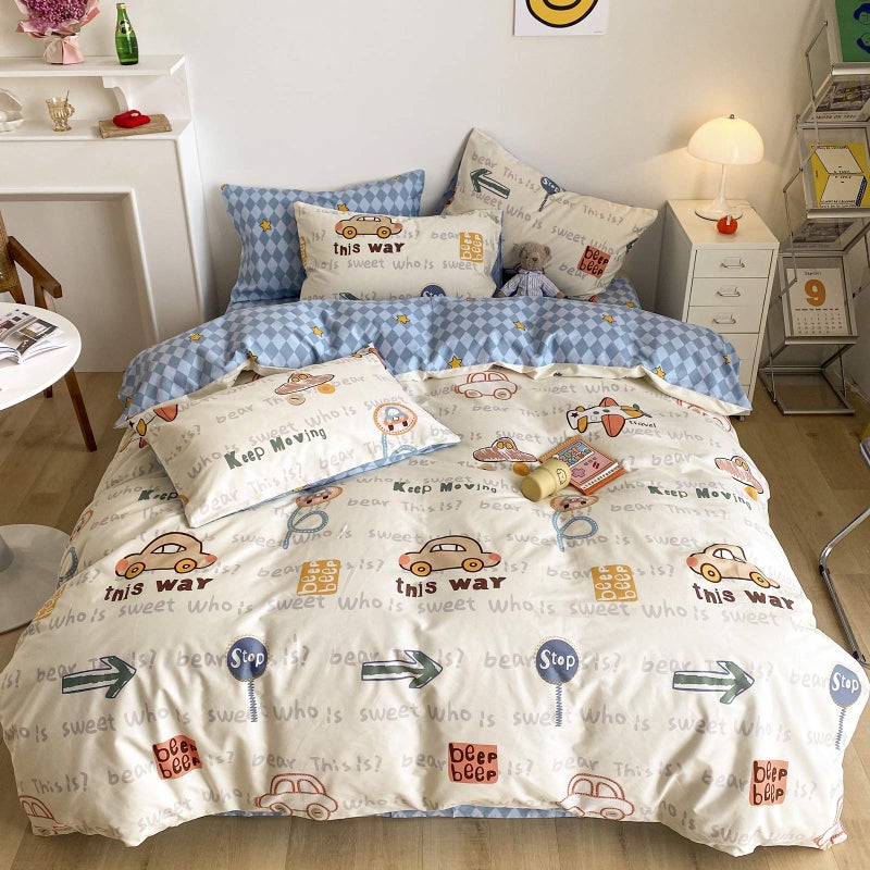 BlueBlue Cars Duvet Cover Set Queen 100% Cotton Bedding for Kids Boys Girls Teens Transportation Car Airplane Truck on Cream White 1 Cartoon Comforter Cover Full Zipper Ties 2 Pillowcases Queen - Image 1