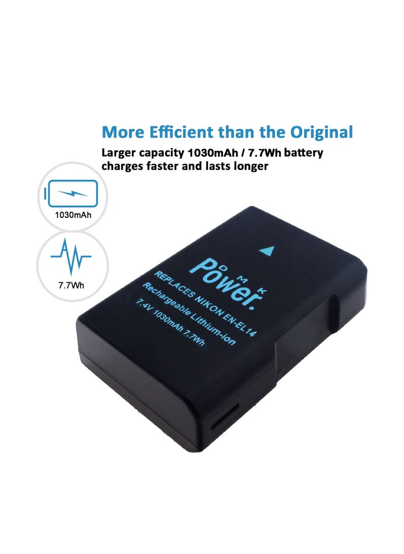 DMK Power - DMK Power 2 x EN-EL14 Battery 1030mAh 7.7Wh Compatible with Nikon D5600 D5500 D5200 D5300 D5100 D3400 D3300 D3200 D3100 Coolpix P7000 P7100 P7200 P7700 P7800 Cameras - Image 1
