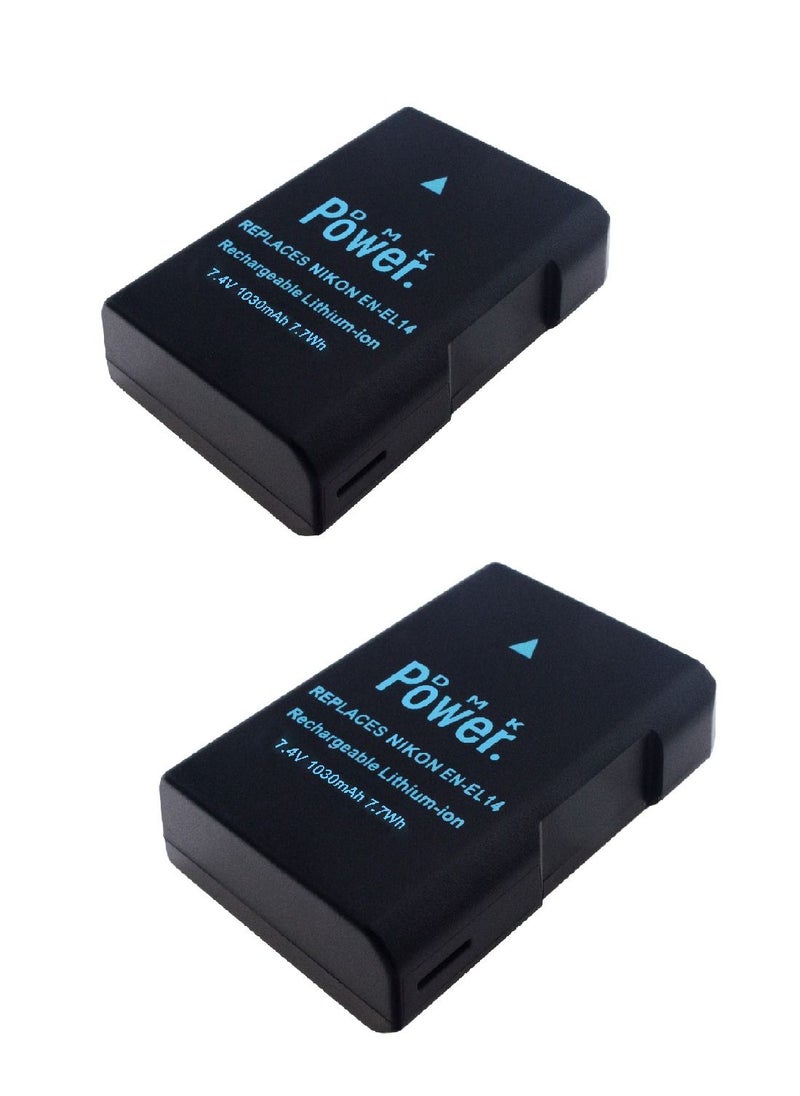 DMK Power - DMK Power 2 x EN-EL14 Battery 1030mAh 7.7Wh Compatible with Nikon D5600 D5500 D5200 D5300 D5100 D3400 D3300 D3200 D3100 Coolpix P7000 P7100 P7200 P7700 P7800 Cameras - Image 1