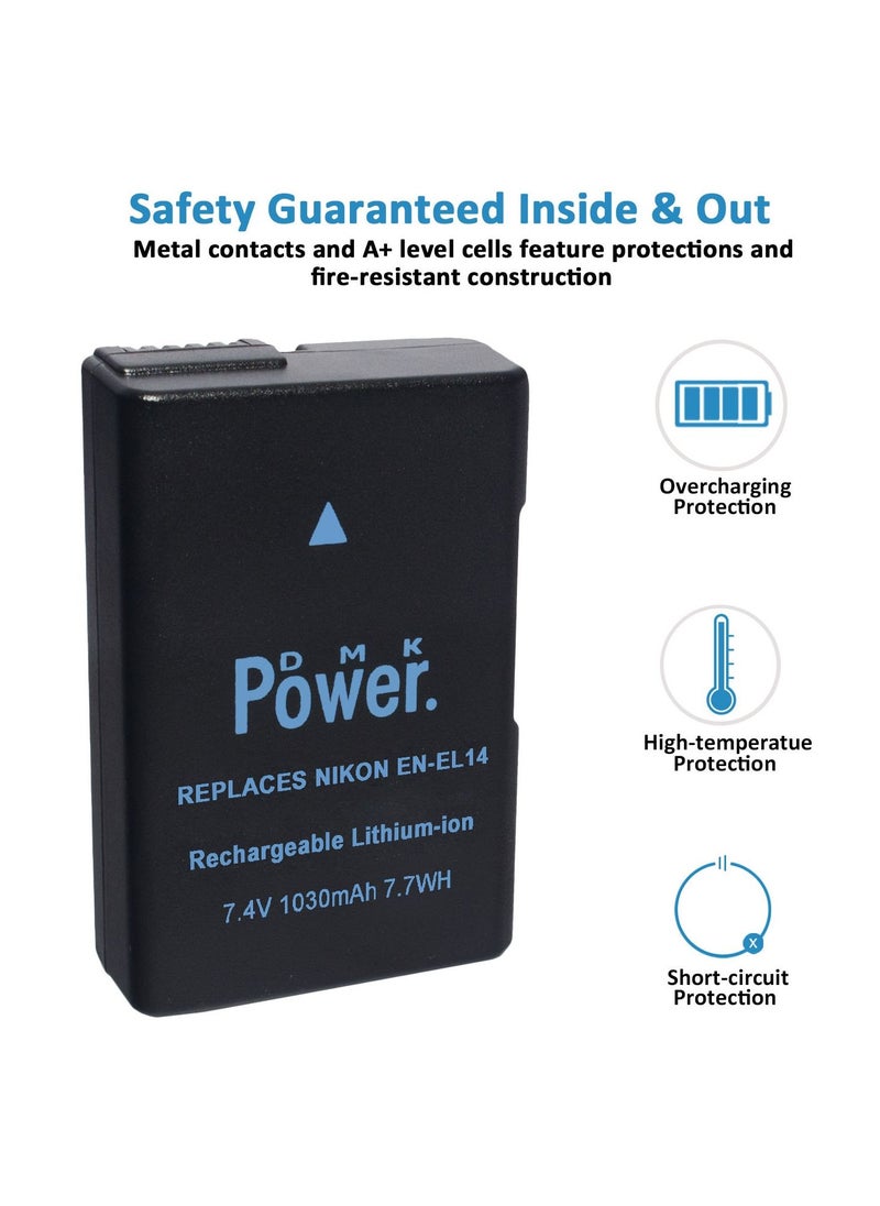 DMK Power - DMK Power 2 x EN-EL14 Battery 1030mAh 7.7Wh Compatible with Nikon D5600 D5500 D5200 D5300 D5100 D3400 D3300 D3200 D3100 Coolpix P7000 P7100 P7200 P7700 P7800 Cameras - Image 1
