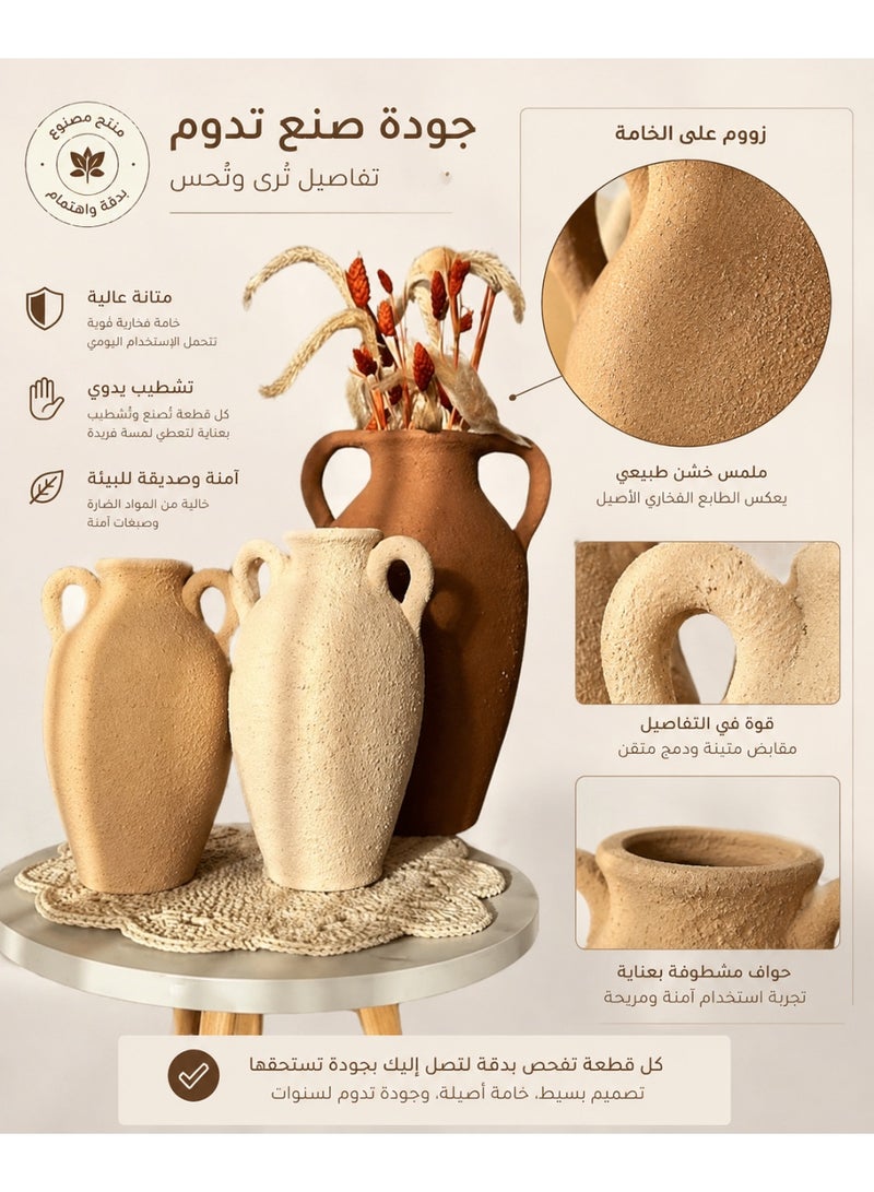 كالدا مجموعة "كالدا وورم إيرث" – طقم فازات فخارية يدوية مكون من 3 قطع – طقم جرات ديكور من الطمي الطبيعي 100% – فازات بألوان ترابية ريفية وعصرية لغرفة المعيشة، السفرة والمكتب - Image 5