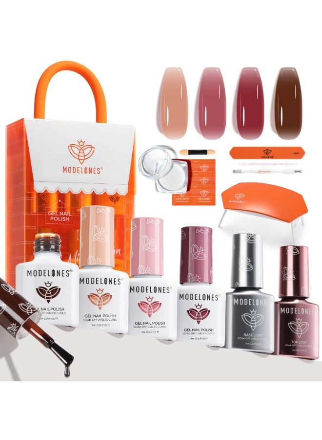 modelones Modelones Jelly Gel Nail Polish Kit with U V Light, Sheer Pink Nude Red Manicure Set with Base Top Coat Pearl Chrome Powder 4 Colors Spring Gel Mini Salon Nail Art Starter Gift for Women Girls - Image 1
