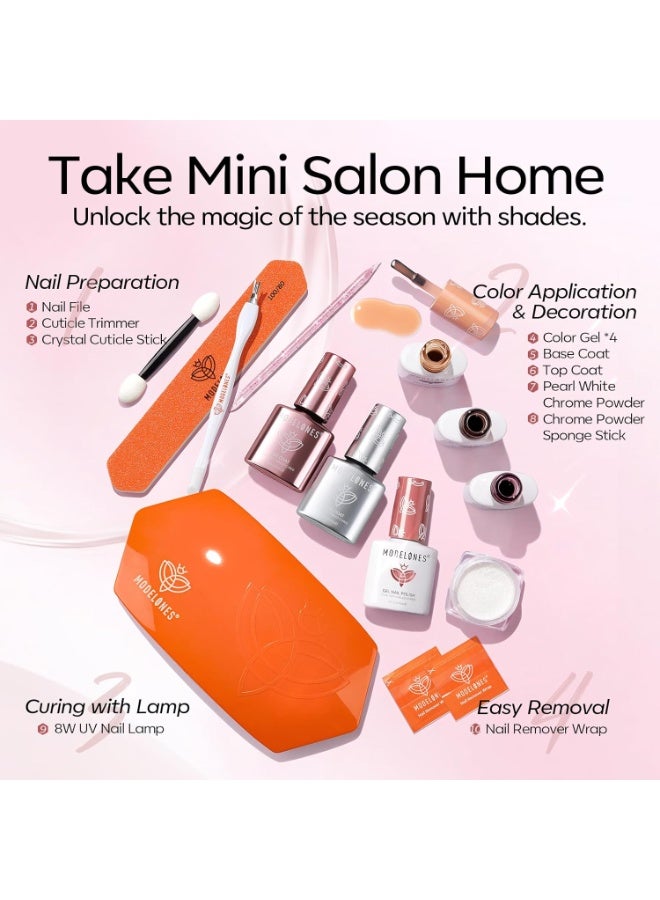 modelones Modelones Jelly Gel Nail Polish Kit with U V Light, Sheer Pink Nude Red Manicure Set with Base Top Coat Pearl Chrome Powder 4 Colors Spring Gel Mini Salon Nail Art Starter Gift for Women Girls - Image 2