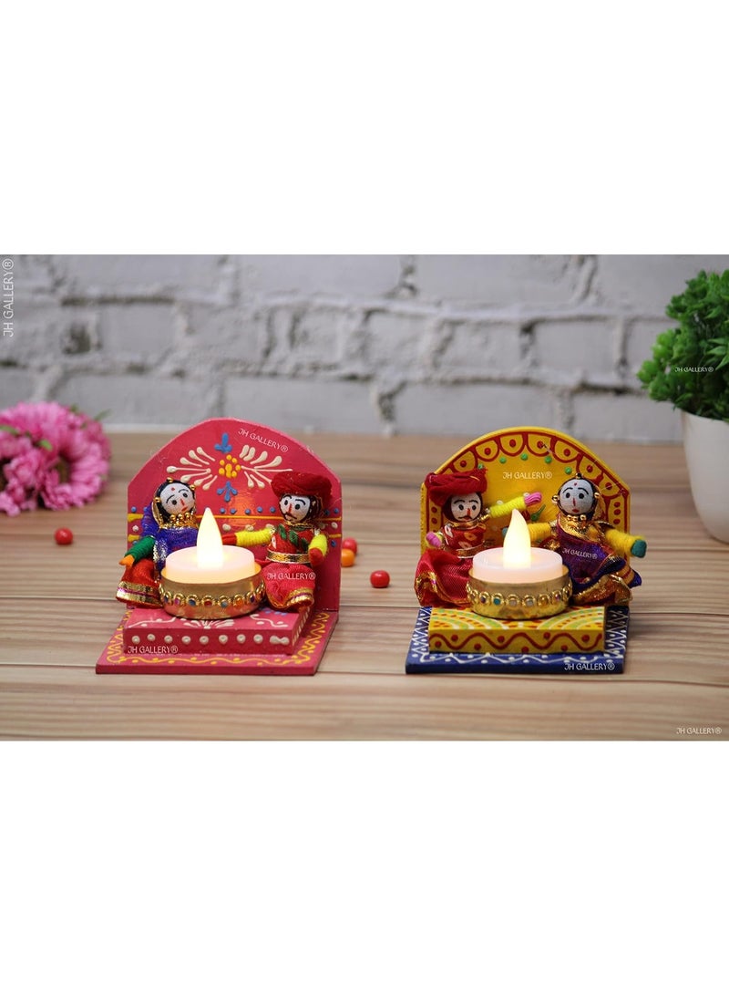 JH Gallery Recycled Material Rajasthani Raja Rani Puppet Dolls Decorative Wooden Based Tealight Candle Holder for Home Decor, Diwali Decoration Item for Home (Pack of 2) - Image 1