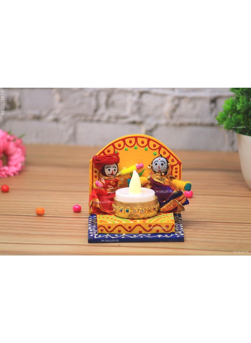 JH Gallery Recycled Material Rajasthani Raja Rani Puppet Dolls Decorative Wooden Based Tealight Candle Holder for Home Decor, Diwali Decoration Item for Home (Pack of 2) - Image 4