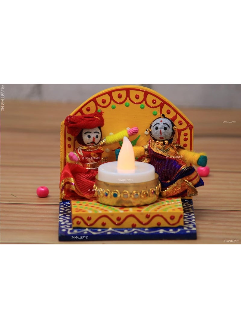 JH Gallery Recycled Material Rajasthani Raja Rani Puppet Dolls Decorative Wooden Based Tealight Candle Holder for Home Decor, Diwali Decoration Item for Home (Pack of 2) - Image 5