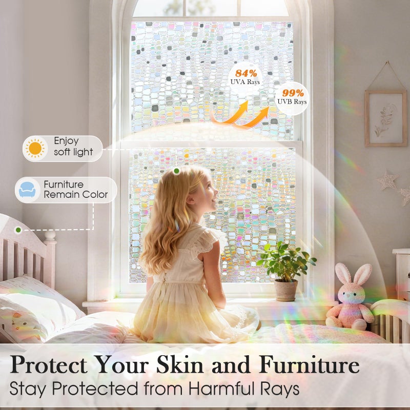 Windimiley Window Privacy Film 3D Rainbow Stained Glass Static Clings Coverings, Bathroom Decorative Sticker Prism Holographic Sun Blocking Decals for Front Door Home Removable, 17.5x78.7In, Pure - Image 5