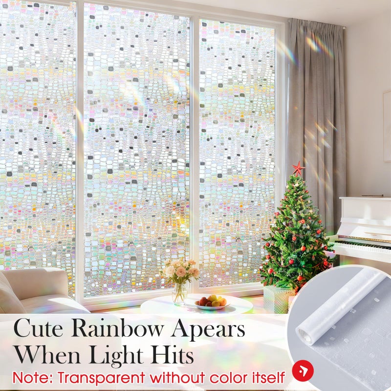 Windimiley Window Privacy Film 3D Rainbow Stained Glass Static Clings Coverings, Bathroom Decorative Sticker Prism Holographic Sun Blocking Decals for Front Door Home Removable, 17.5x78.7In, Pure - Image 2