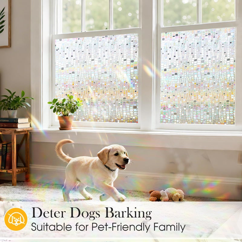 Windimiley Window Privacy Film 3D Rainbow Stained Glass Static Clings Coverings, Bathroom Decorative Sticker Prism Holographic Sun Blocking Decals for Front Door Home Removable, 17.5x78.7In, Pure - Image 4