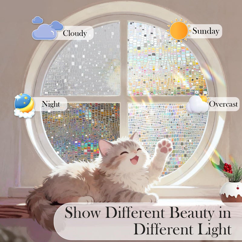 Windimiley Window Privacy Film 3D Rainbow Stained Glass Static Clings Coverings, Bathroom Decorative Sticker Prism Holographic Sun Blocking Decals for Front Door Home Removable, 17.5x78.7In, Pure - Image 3
