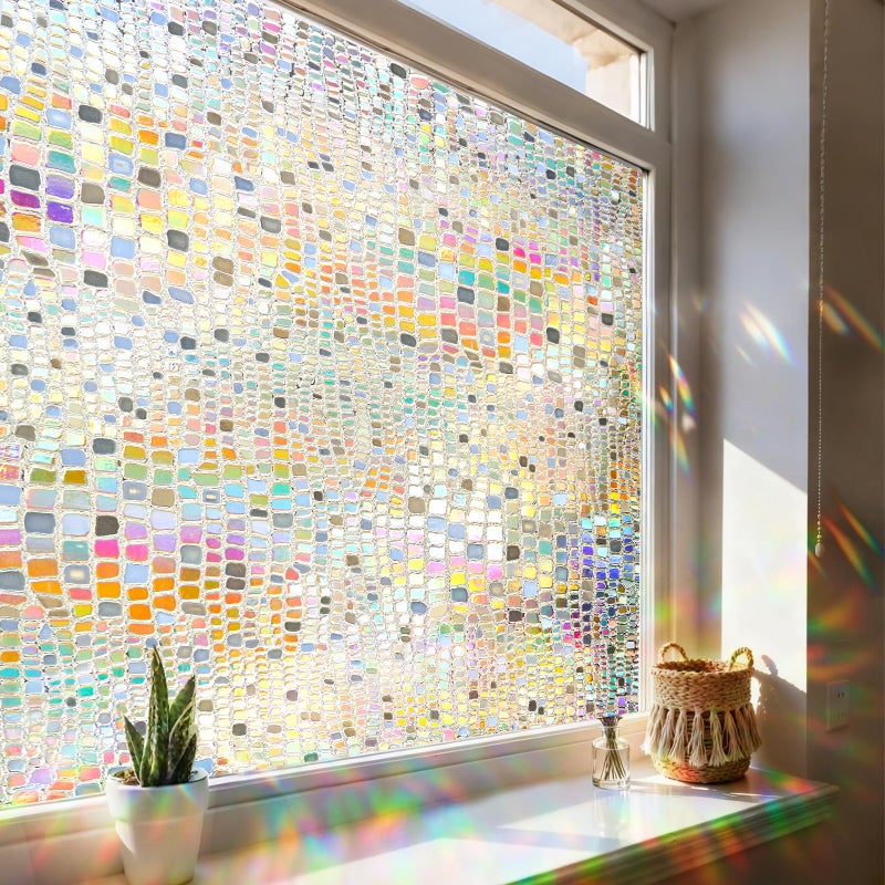 Windimiley Window Privacy Film 3D Rainbow Stained Glass Static Clings Coverings, Bathroom Decorative Sticker Prism Holographic Sun Blocking Decals for Front Door Home Removable, 17.5x78.7In, Pure - Image 1