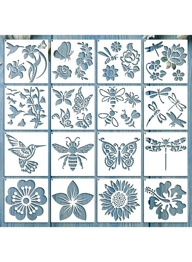 Zonon 16 Pieces Flower Stencil For Painting Bee Sunflower Butterfly Spring Stencil Large Template Reusable Summer Painting Stencil And Metal Open Ring For Diy Craft On Wood Wall Home Decor(5.1 X 5.1 Inch)  - Image 1