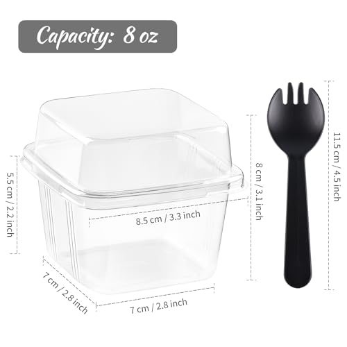 Kucoele 50 Pack 8 oz Plastic Dessert Cups with Lids and Sporks, Clear Square Cake Cups Dessert Containers for Pudding Parfait Fruit Yogurt and Shortcake - Image 2