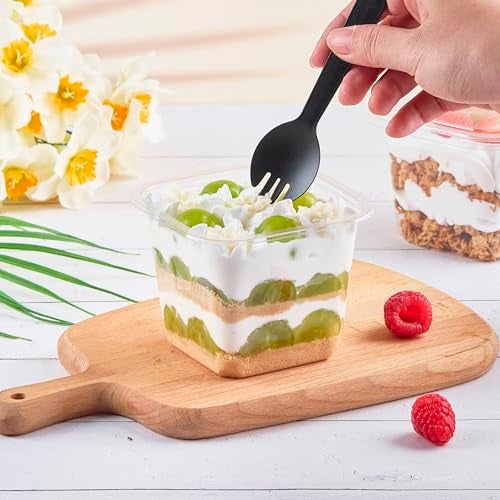 Kucoele 50 Pack 8 oz Plastic Dessert Cups with Lids and Sporks, Clear Square Cake Cups Dessert Containers for Pudding Parfait Fruit Yogurt and Shortcake - Image 4