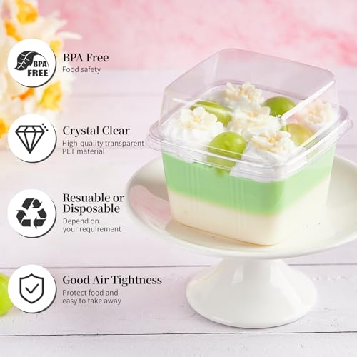 Kucoele 50 Pack 8 oz Plastic Dessert Cups with Lids and Sporks, Clear Square Cake Cups Dessert Containers for Pudding Parfait Fruit Yogurt and Shortcake - Image 3