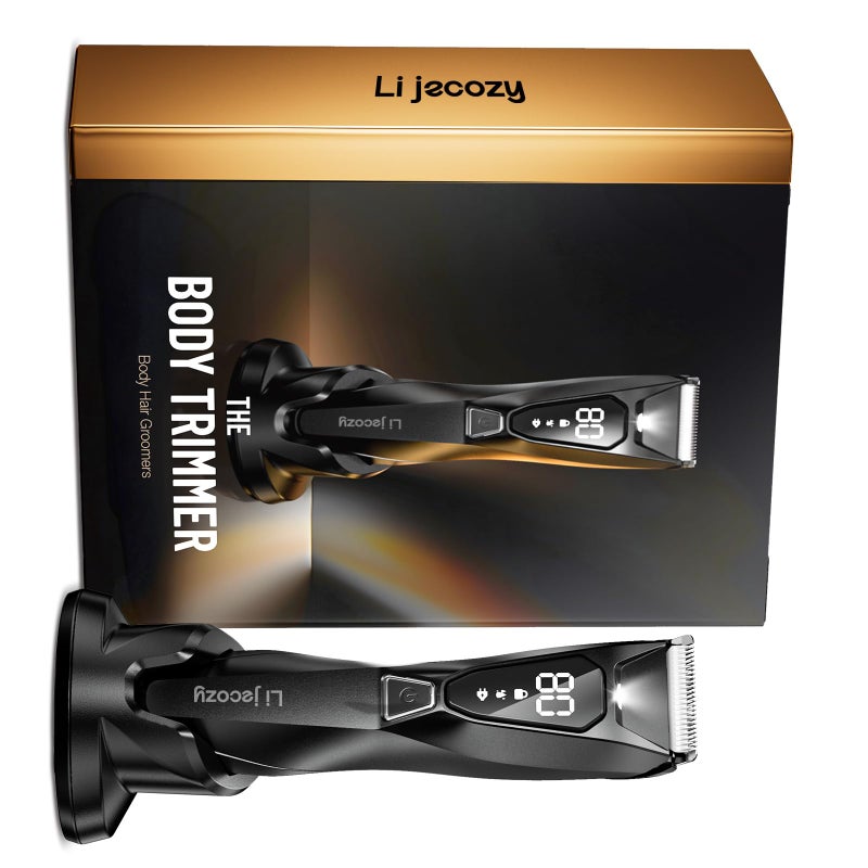 Lijecozy Body Hair & Pubic Hair Trimmer for Men - Electric Ball Shaver with LED Light & Display, Waterproof Wet/Dry Groomer Kit with Wireless Charging & 3 Combs, Ceramic Blade Technology