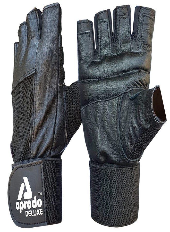 Aprodo All Leather Fitness Gym Gloves with Long Wrist Support (Black, Free Size) (Vintage Black) - Image 1