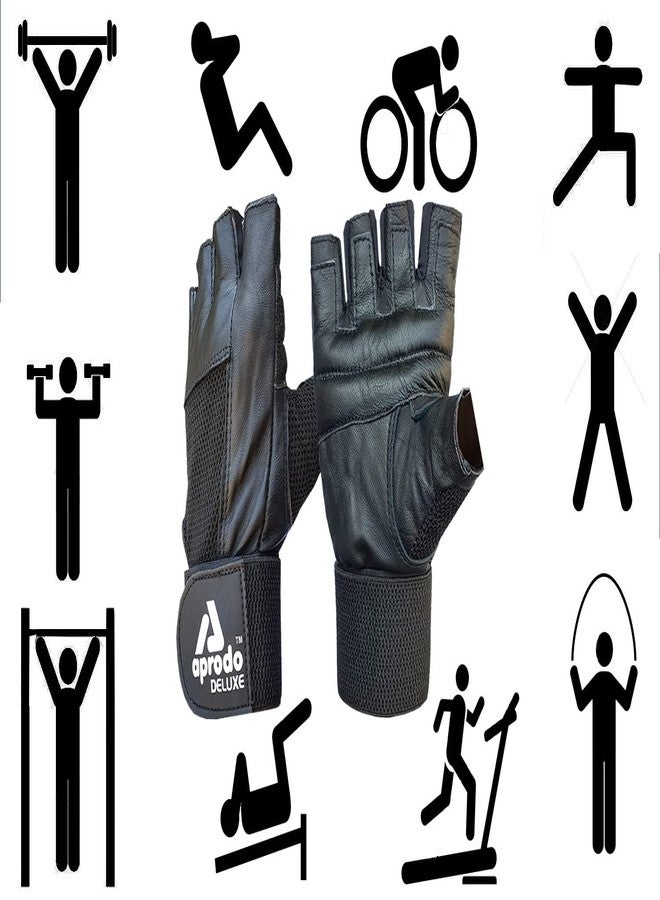 Aprodo All Leather Fitness Gym Gloves with Long Wrist Support (Black, Free Size) (Vintage Black) - Image 3
