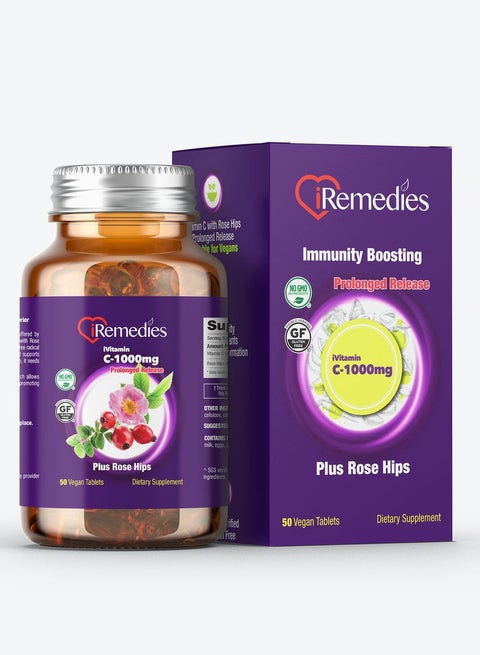 iVitamin C 1000mg Prolonged Release Plus Rose Hips 50 Vegan Tablets – gluten free