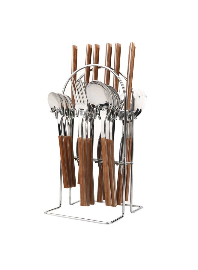 Snplowum Silverware Set, 24 Piece Mirror Flatware Set With Stand, Stainless Steel Utensils With Wooden Handle, A Complete Cutlery Set For Most Families, Service For 6 - Image 1