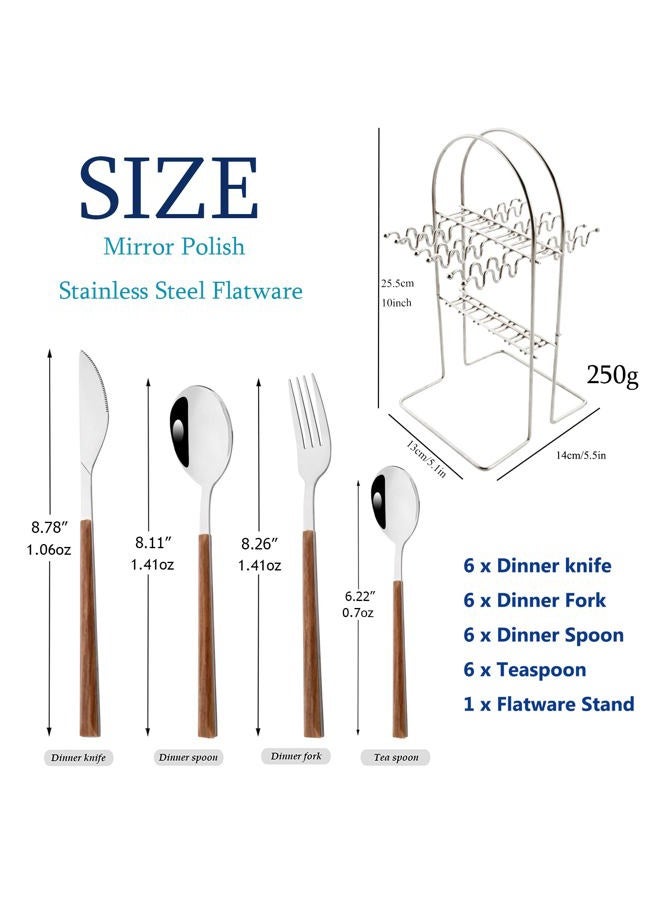 Snplowum Silverware Set, 24 Piece Mirror Flatware Set With Stand, Stainless Steel Utensils With Wooden Handle, A Complete Cutlery Set For Most Families, Service For 6 - Image 4