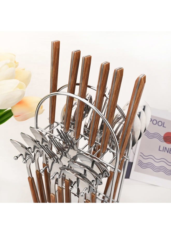 Snplowum Silverware Set, 24 Piece Mirror Flatware Set With Stand, Stainless Steel Utensils With Wooden Handle, A Complete Cutlery Set For Most Families, Service For 6 - Image 3