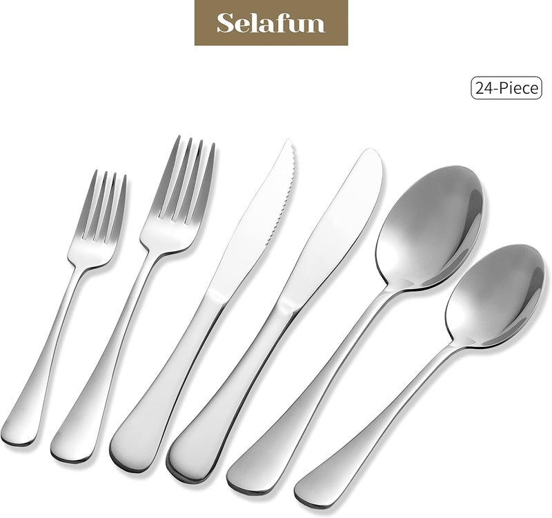Selafun 24 Piece Silver Flatware SetStainless Steel Silverware SetTitanium Plating Tableware Cutlery Set Utensil Set for Kitchens Dishwasher SafeService for 4 - Image 2