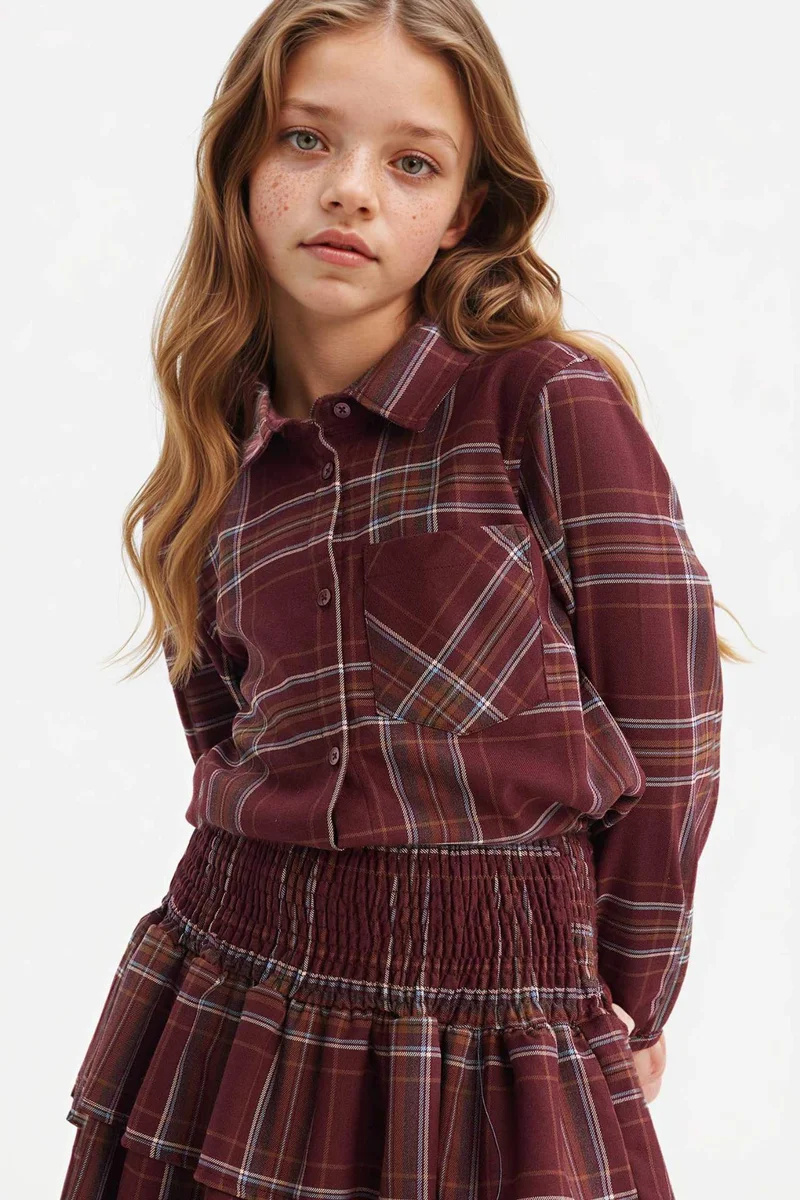 ديفاكتو Girl Oxford Plaid Long Sleeve Shirt