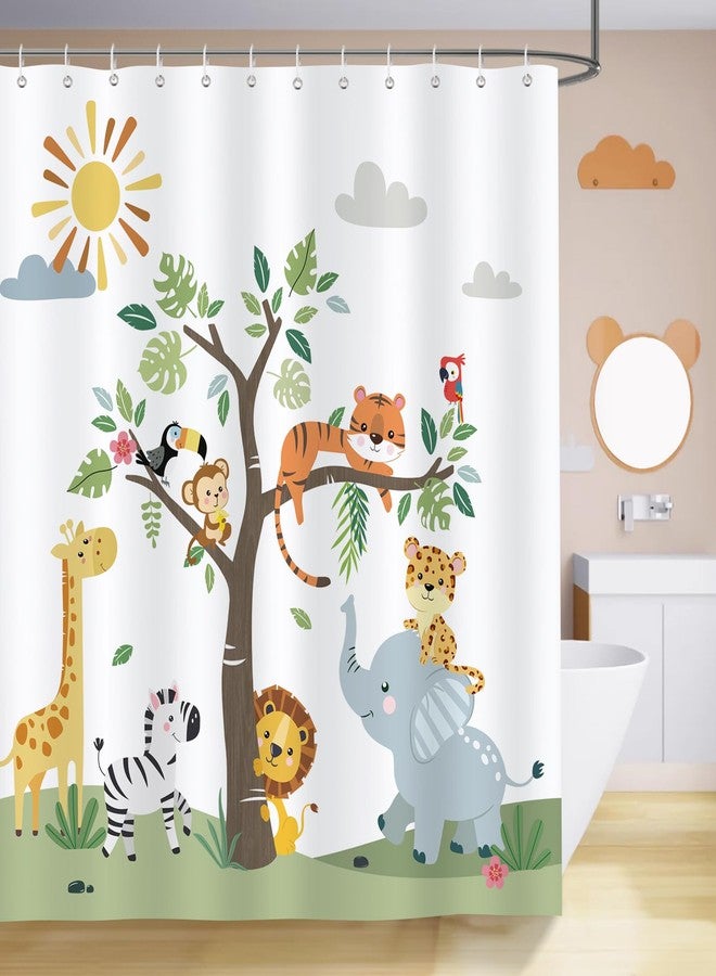 Bonhause Jungle Animal Shower Curtain for Kids, Giraffe Elephant Lion Safari Bathroom Decor 72x72 Inch Polyester Fabric Waterproof Bath Curtain with 12 Hooks - Image 2