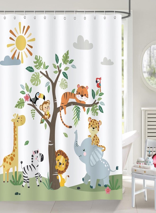 Bonhause Jungle Animal Shower Curtain for Kids, Giraffe Elephant Lion Safari Bathroom Decor 72x72 Inch Polyester Fabric Waterproof Bath Curtain with 12 Hooks - Image 1