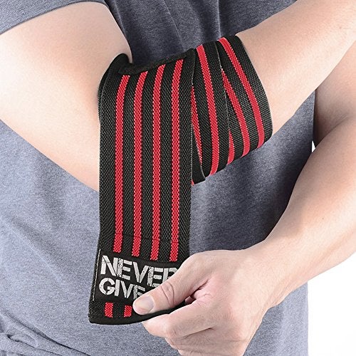 HYFAN Professional Elbow Wraps Elastic Straps Brace Support Protector for Weightlifting Workout Bodybuilding Gym Fitness (Four Stripe, Red) - Image 4