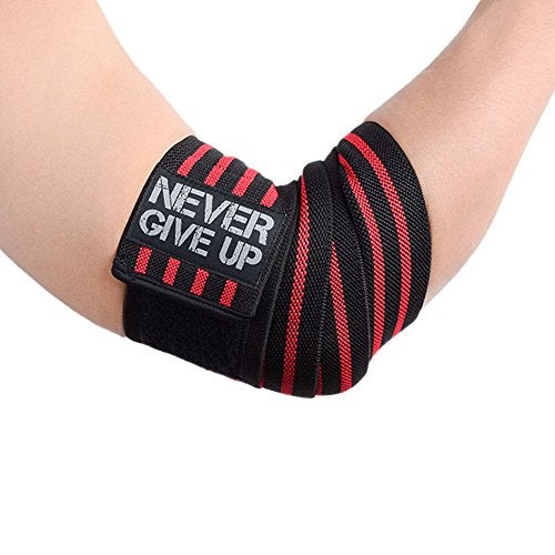 HYFAN Professional Elbow Wraps Elastic Straps Brace Support Protector for Weightlifting Workout Bodybuilding Gym Fitness (Four Stripe, Red) - Image 5