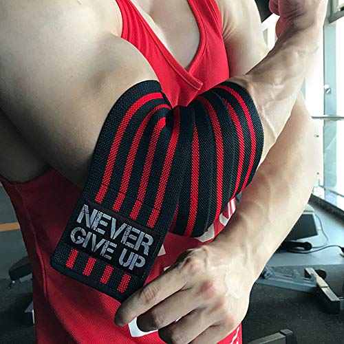 HYFAN Professional Elbow Wraps Elastic Straps Brace Support Protector for Weightlifting Workout Bodybuilding Gym Fitness (Four Stripe, Red) - Image 1