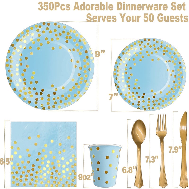 AIRE 350PCS Blue and Gold Party Decorations 50 Guests Blue Paper Plates Plastic Forks Knives Spoons & Golden Dot Blue Party Plates Napkins Cups for 2023 Graduation Decorations Baby Shower Boy Birthday - Image 3