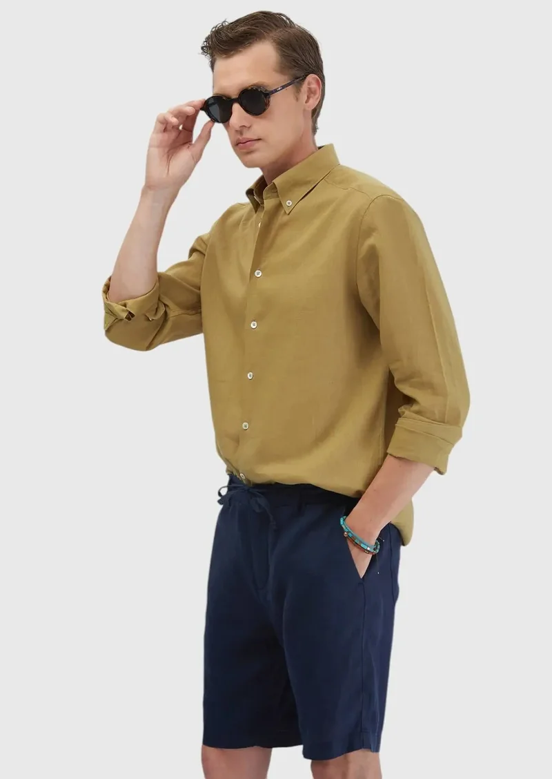 RAMSEY Oil Green Plain Casual Fit Weaving Casual Cotton Blended Shirt