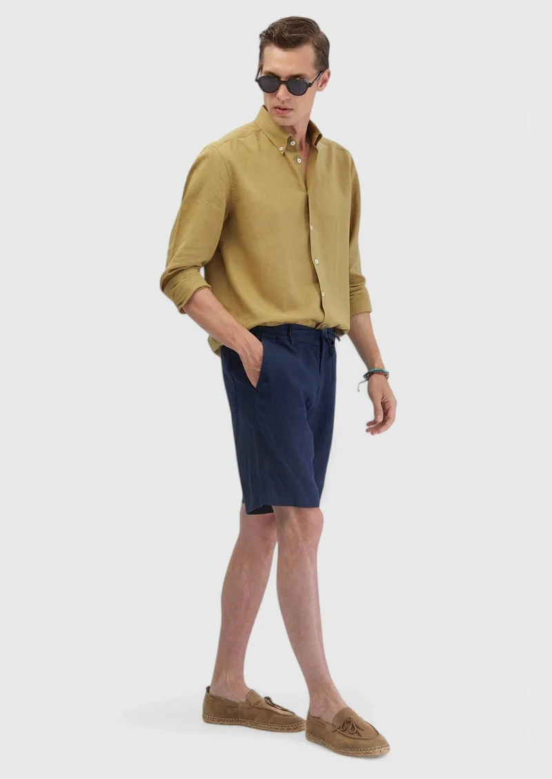 RAMSEY Oil Green Plain Casual Fit Long Weaving Casual Cotton Blended Shirt