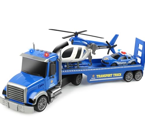 Dwi Dowellin 27 Large Friction Powered Police Truck Toy with Car and HelicopterSemi Truck Toys for 3 4 5 6 Years Old Toddlers Kids Boys Girls Gift - Image 1