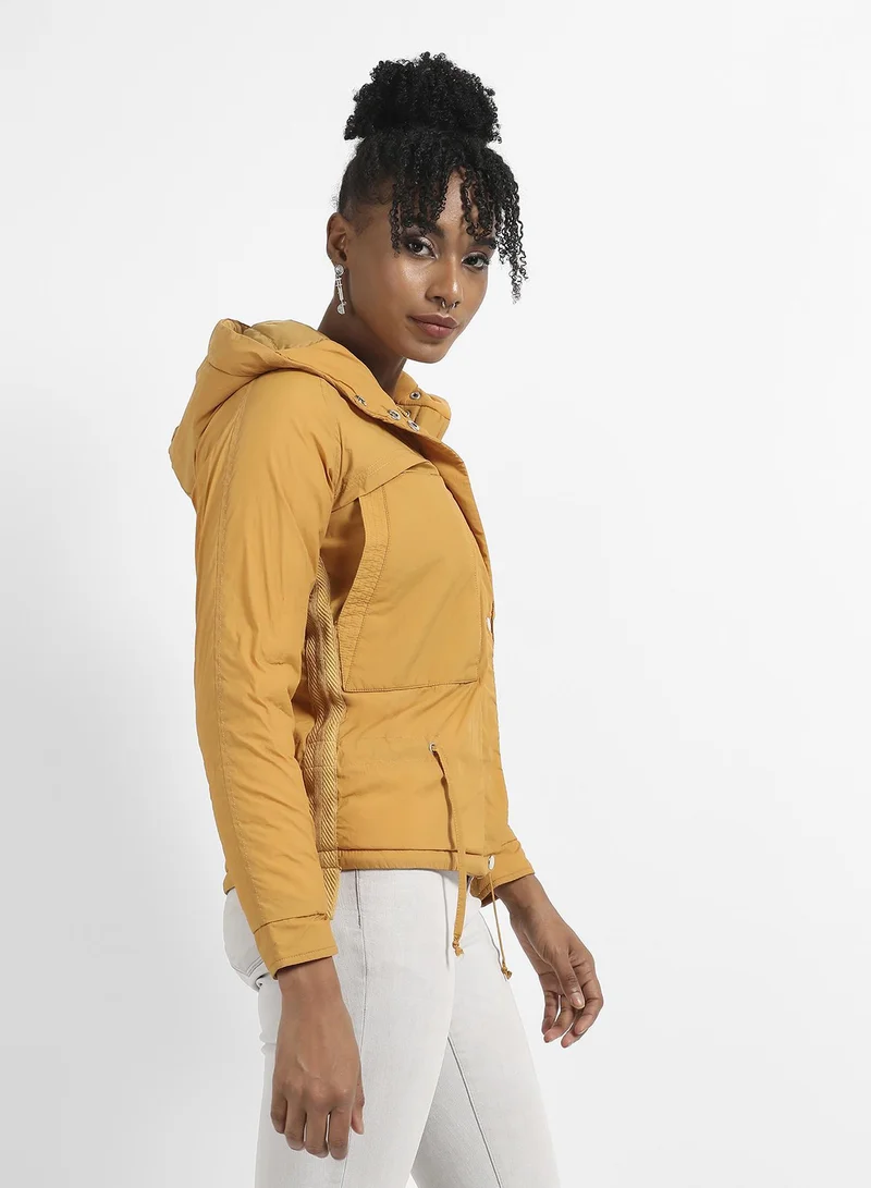 Pinacolada  Women's Yellow Solid Puffer Jacket With Tie-Up Details for Women | Best Price UAE