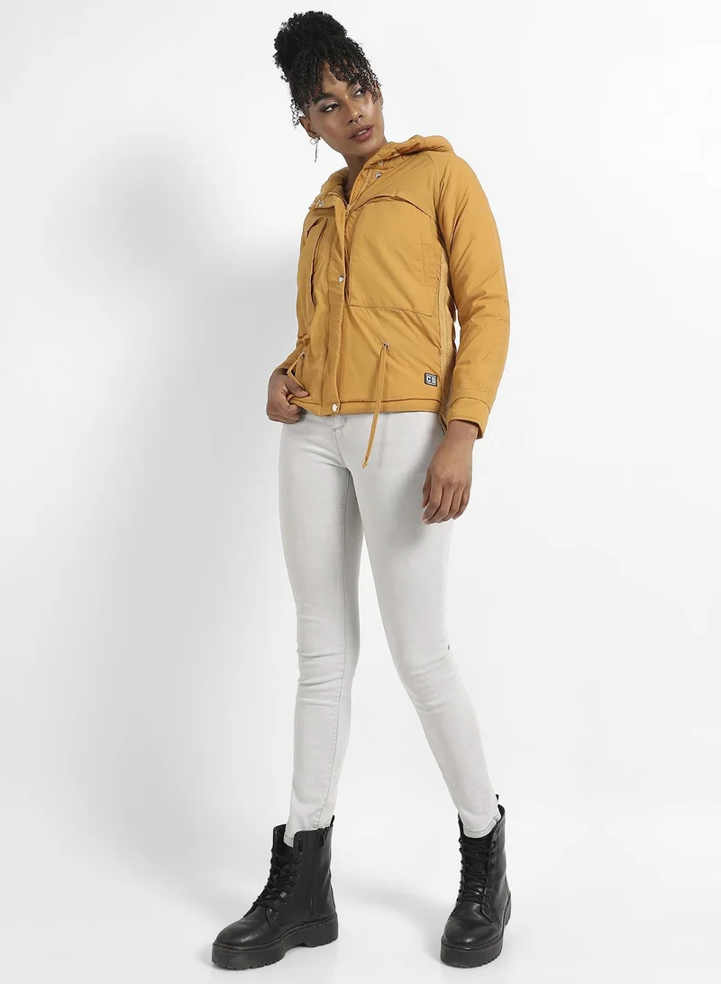 Pinacolada  Women's Yellow Solid Puffer Jacket With Tie-Up Details for Women | Best Price UAE