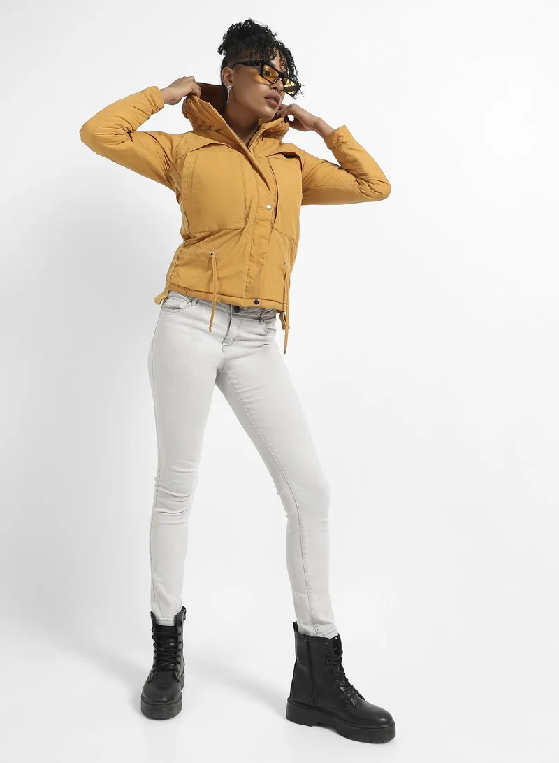 Pinacolada  Women's Yellow Solid Puffer Jacket With Tie-Up Details for Women | Best Price UAE