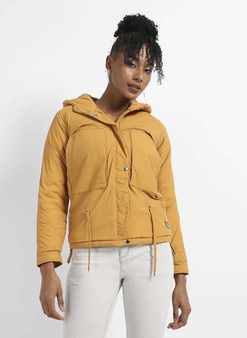 Campus Sutra Women's Yellow Solid Puffer Jacket With Tie-Up Details
