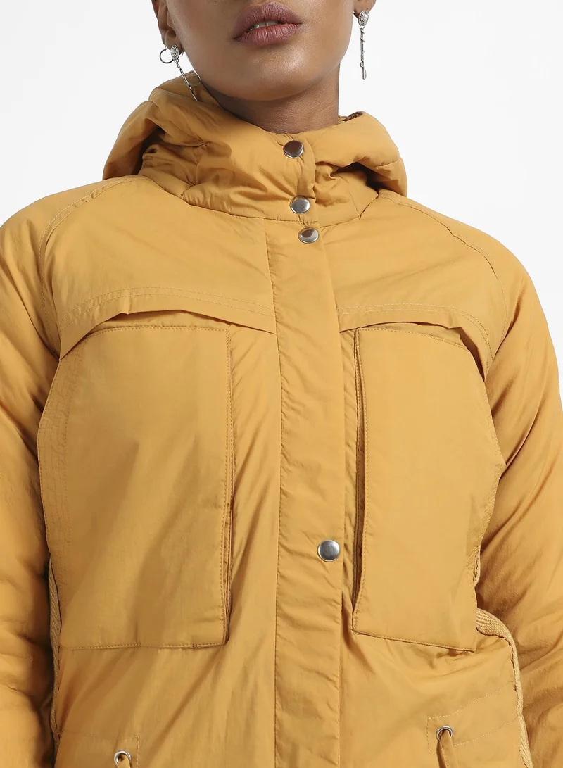 Pinacolada  Women's Yellow Solid Puffer Jacket With Tie-Up Details for Women | Best Price UAE